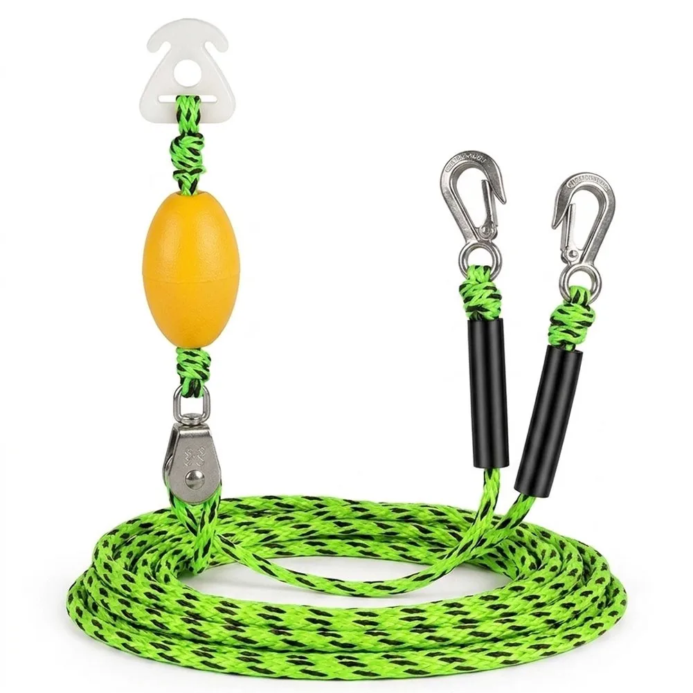 Tow Rope with Dual-Hook Pulley for Kayak Surfboard and Raft Use Compatible with Most Waterskiing and Power Vessels