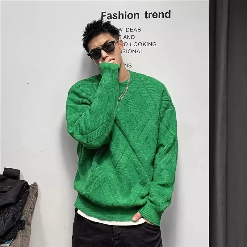 

Мужской круглый вязаный свитер Pure Color с ромбовидным узором, базовый слой, облегающий повседневный зимний топ из полиэфирного волокна