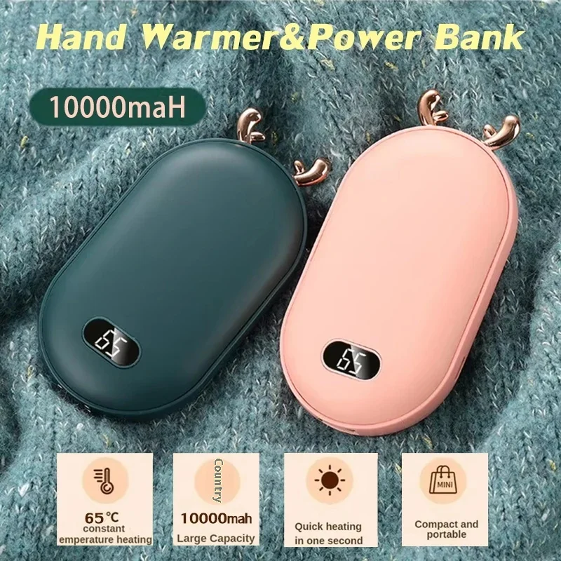 2 in 1 Pocket Hand Warmers Power Bank Temperature Display Adjustable 65℃ Portable Rechargeable Winter Mini Warmer for Girl Gifts