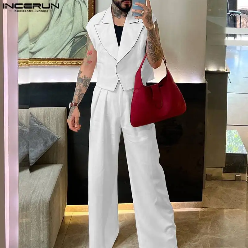 INCERUN Men Sets Solid Color Streetwear Lapel Sleeveless Vests & Straight Pants 2PCS 2024 Summer Fashion Men Casual Suits S-5XL