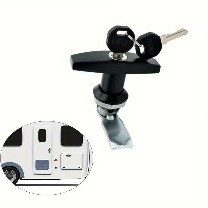 T Handle Lock Rear Fixing T Shape Lock Garage Door Lock With Keys For Trailer Canopy RV Caravan Cabinet Letter-Box Drawer Black