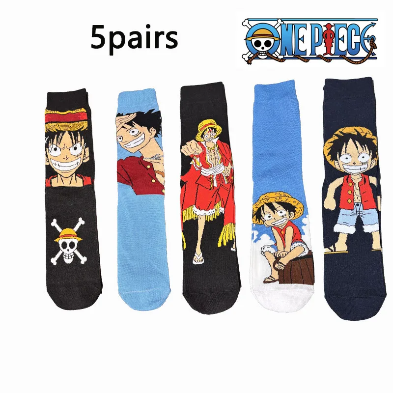 Calcetines Luffy de una pieza, conjunto de 1/5 pares de calcetines de moda de mercancía de Anime, calcetines a media pantorrilla con personalidad de dibujos animados