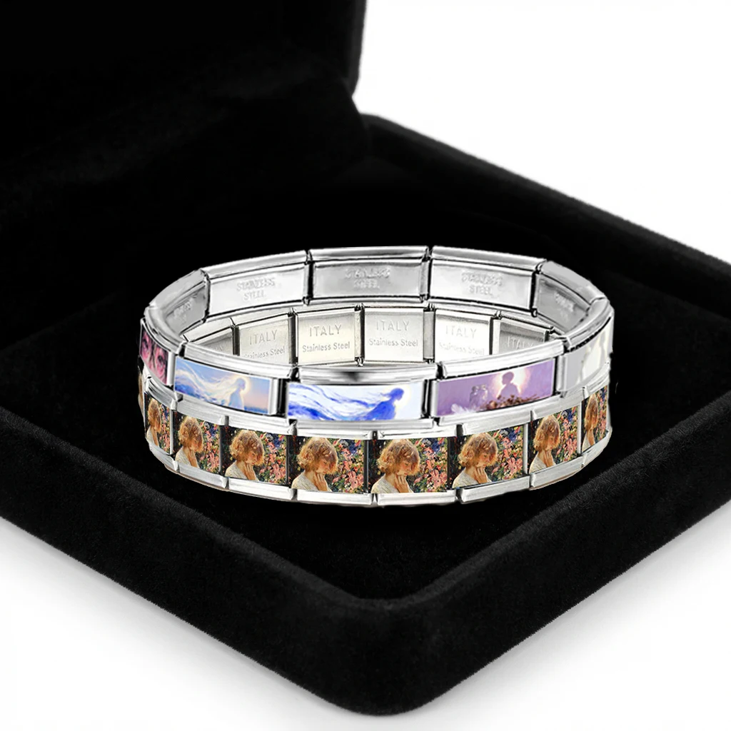Wholesale New Design Stainless Steel Elastic Character Pattern Silver Color 9mm Italian Charm Bracelet