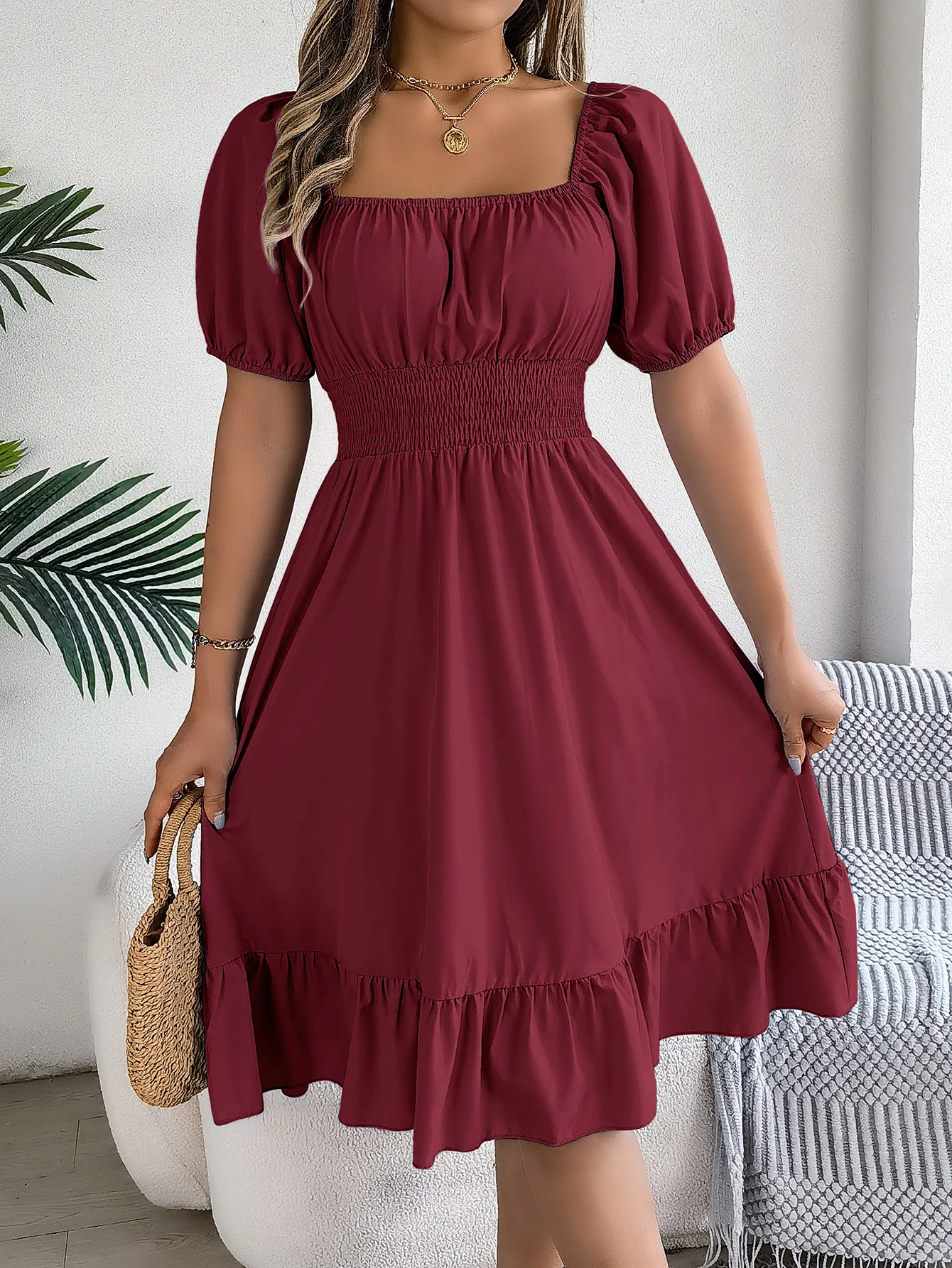 

Spring/Summer Women's Casual Short Sleeved Waist Wrapped Ruffle Edge Dress Elegant Women's Fashion Wine Red Square Neck Vestidos