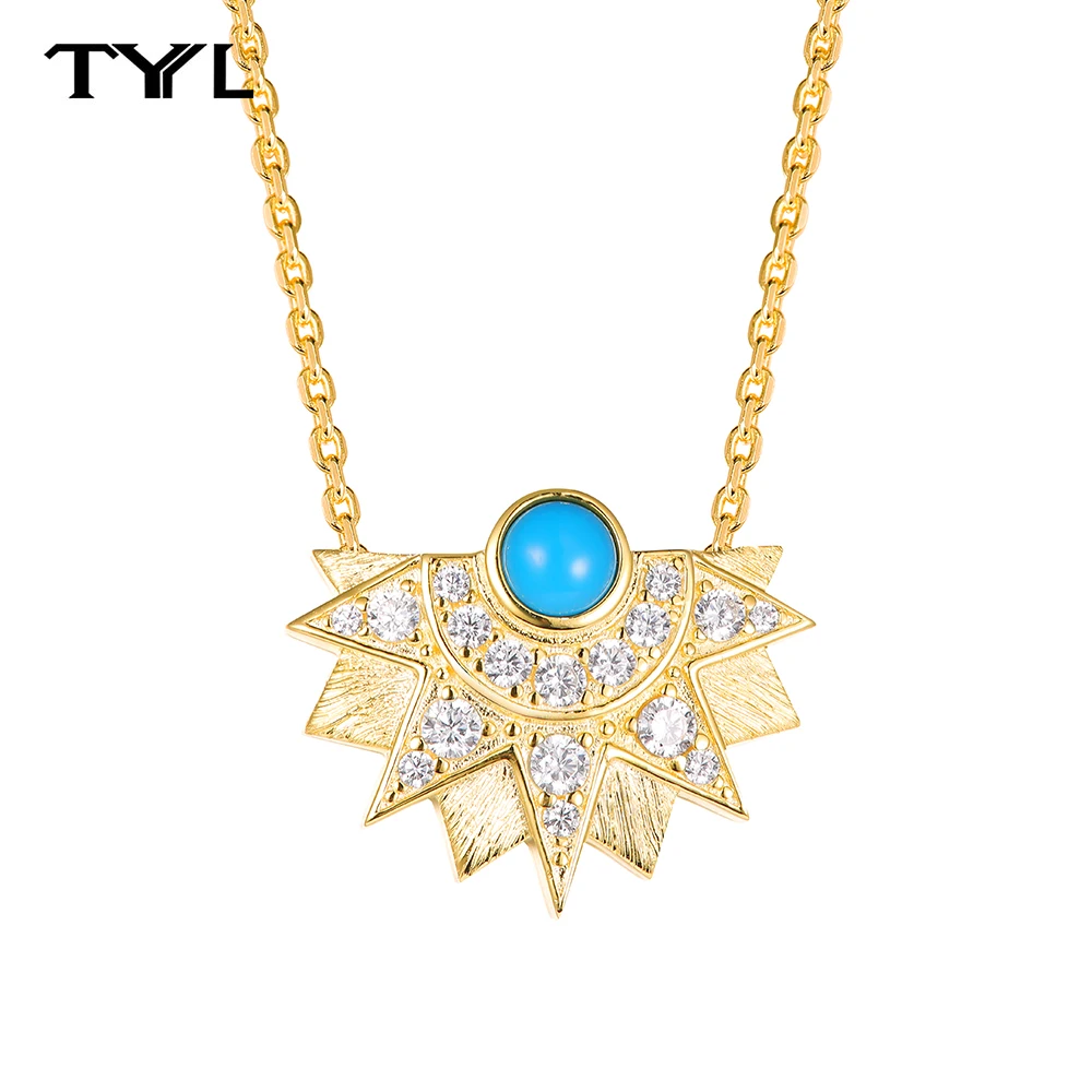 

TYYL Fine Jewelry Blue Turquoise Zirconia Paved Round Shape 18k Gold Plated Chain Sun Necklace Flower Pendant For Women Gifts