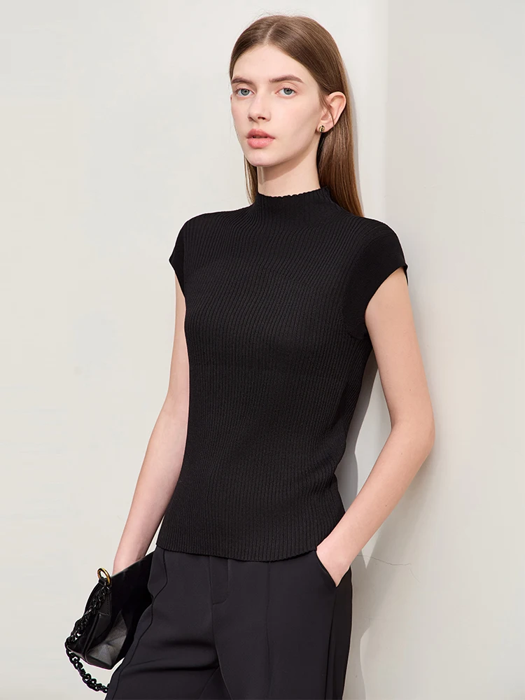 Amii Minimalism Women Wool Knit Sweater 2024 Summer New Mock Neck Ice Silk Slim Cap Sleeve Spliced Female Casual Blouse 12442180