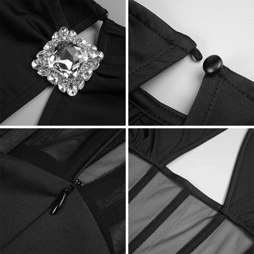 Abito aderente in rete trasparente senza schienale a maniche lunghe scavato alla moda, abiti lunghi da cocktail per feste di compleanno con strass