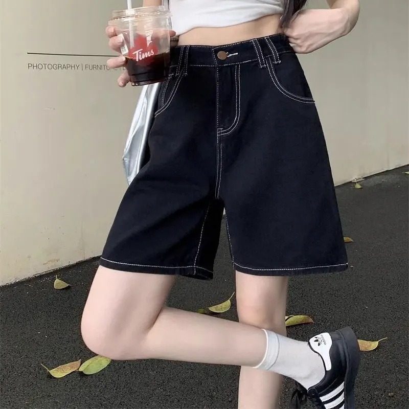 

American Retro Black Straight Denim Shorts Summer Wide Leg Loose Female Clothing Solid Color Casual High Waist Button Knee Pants