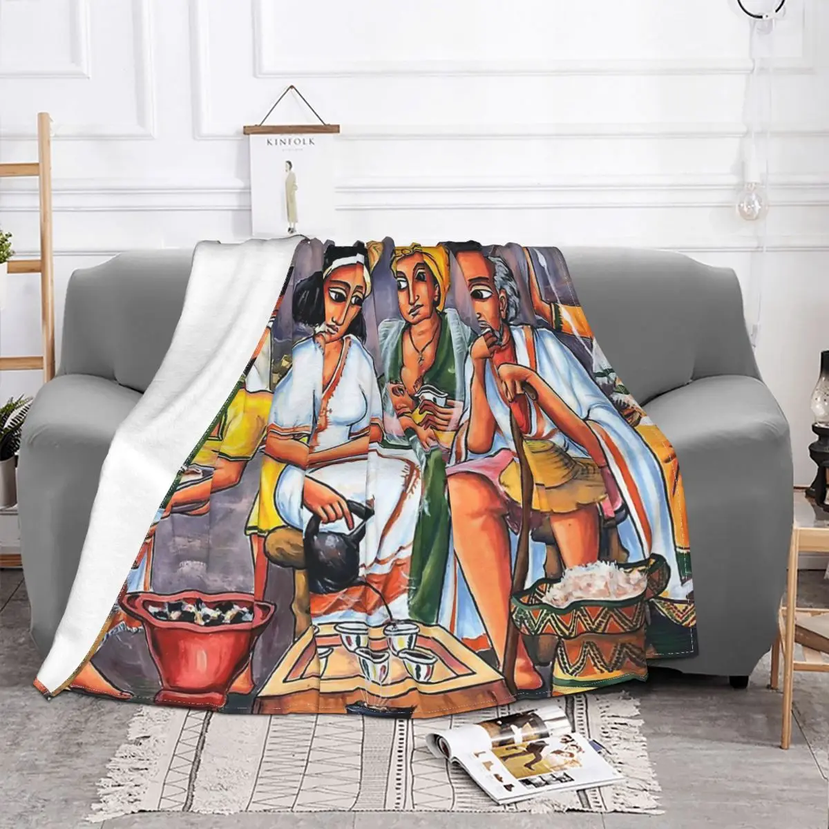 Ethiopian Painting Art Blanket Flannel Coffee Ceremony Cozy Soft FLeece Bedspread