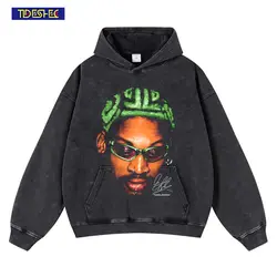 Harajuku Rodman Portrait Graphic Hoodie Sweatshirt Vintage Hip Hop Cotton Loose Heavy Weight Distressed Wash Hooded Hoodie