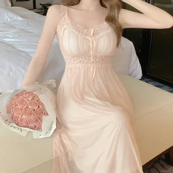 Women Long Suspender Nightgown French Elegant Court Style Nightdress Sleepwear Sexy Lace Trim Nightwear Loose Home Dressing Gown