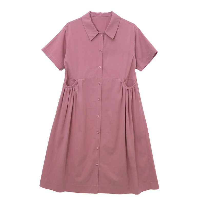 Vestido camisero de cuello Vintage para mujer, vestido informal japonés de manga corta con botones, holgado, de cintura alta, plisado con bolsillo, color rosa, 2023