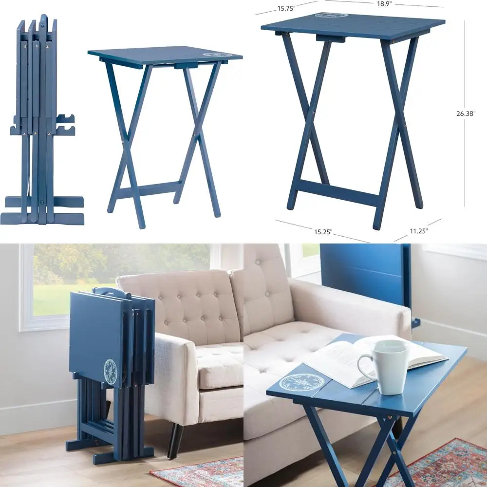 Navy Blue SAMM Trey Table Set with Compass Design, Featuring Four Tables and a Stand