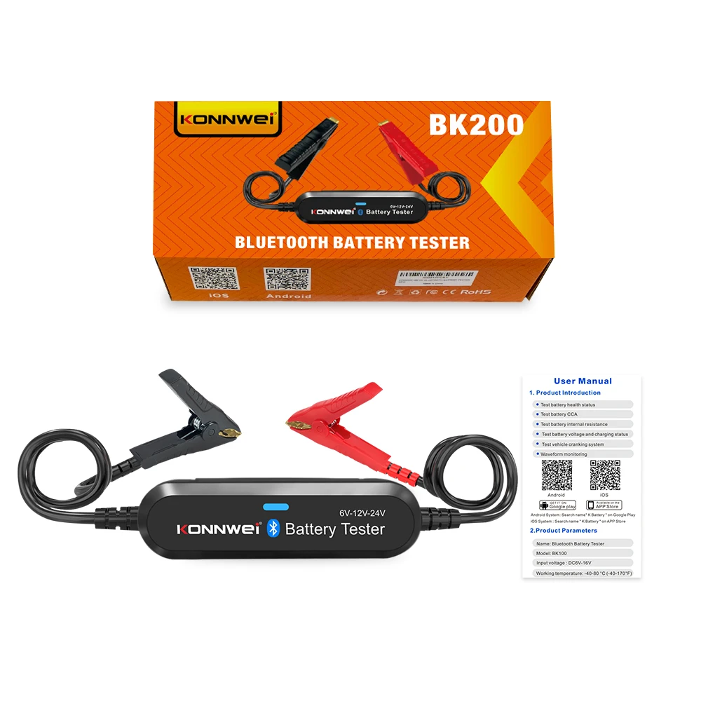 

BK200 KONNWEI BK100 Battery Tester Bluetooth 5.0 Car Motorcycle Truck 6V 12V 24V Battery Analyzer 2000 CCA Charging Test Tool