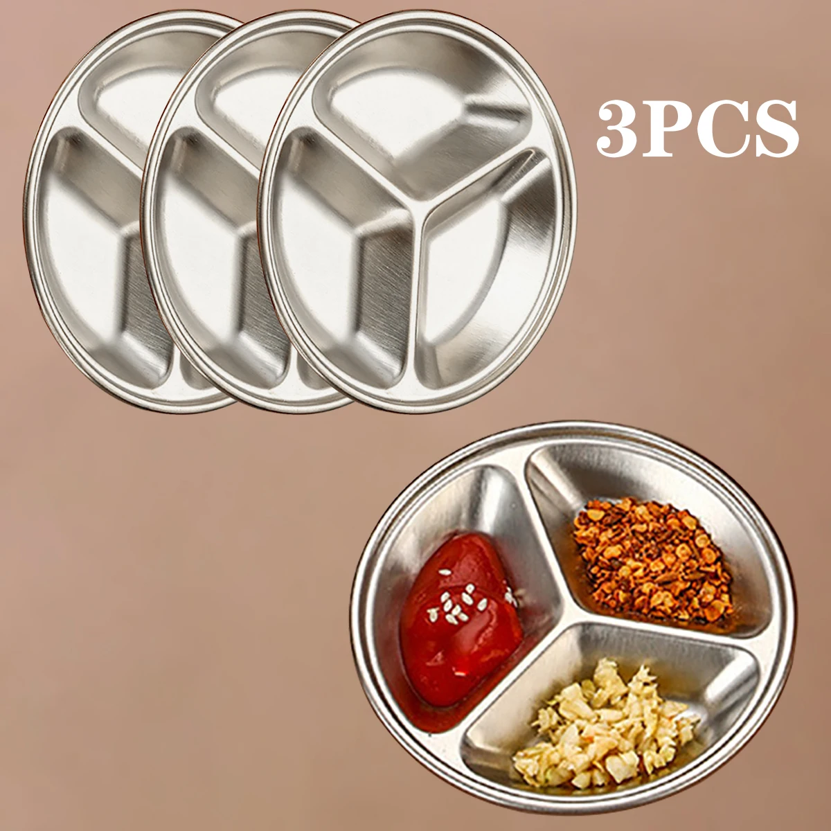3pcs Silver Stainless Steel Fruit Snack Specialty Plates Round Divided Oil Spice Dipping Tray Small Dish Kitchen Seasoning Dish