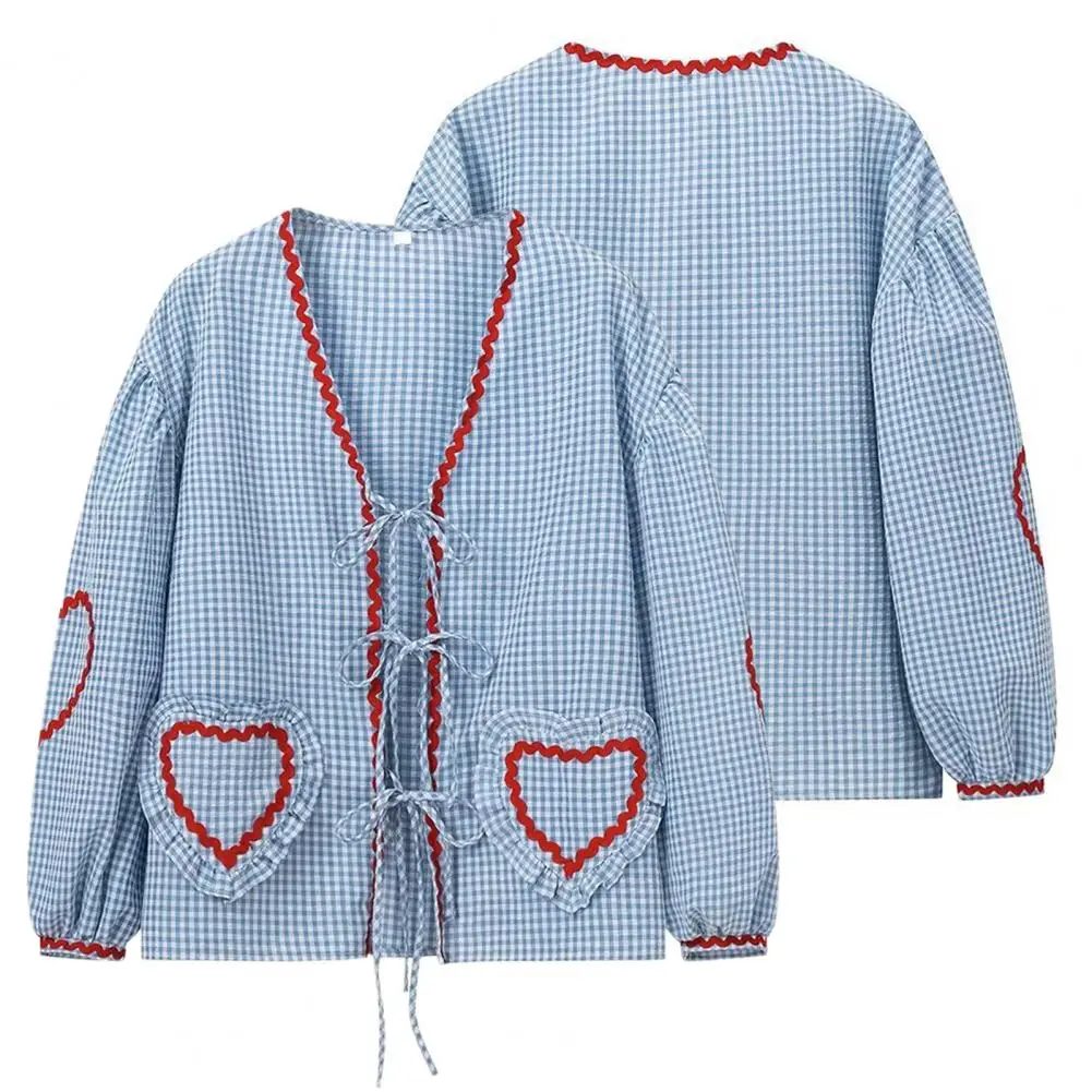 Loose Fit Women Shirt Women Retro Style Plaid Shirt Plaid Print Heart Splicing V-neck Cardigan Shirt with Pockets for Women