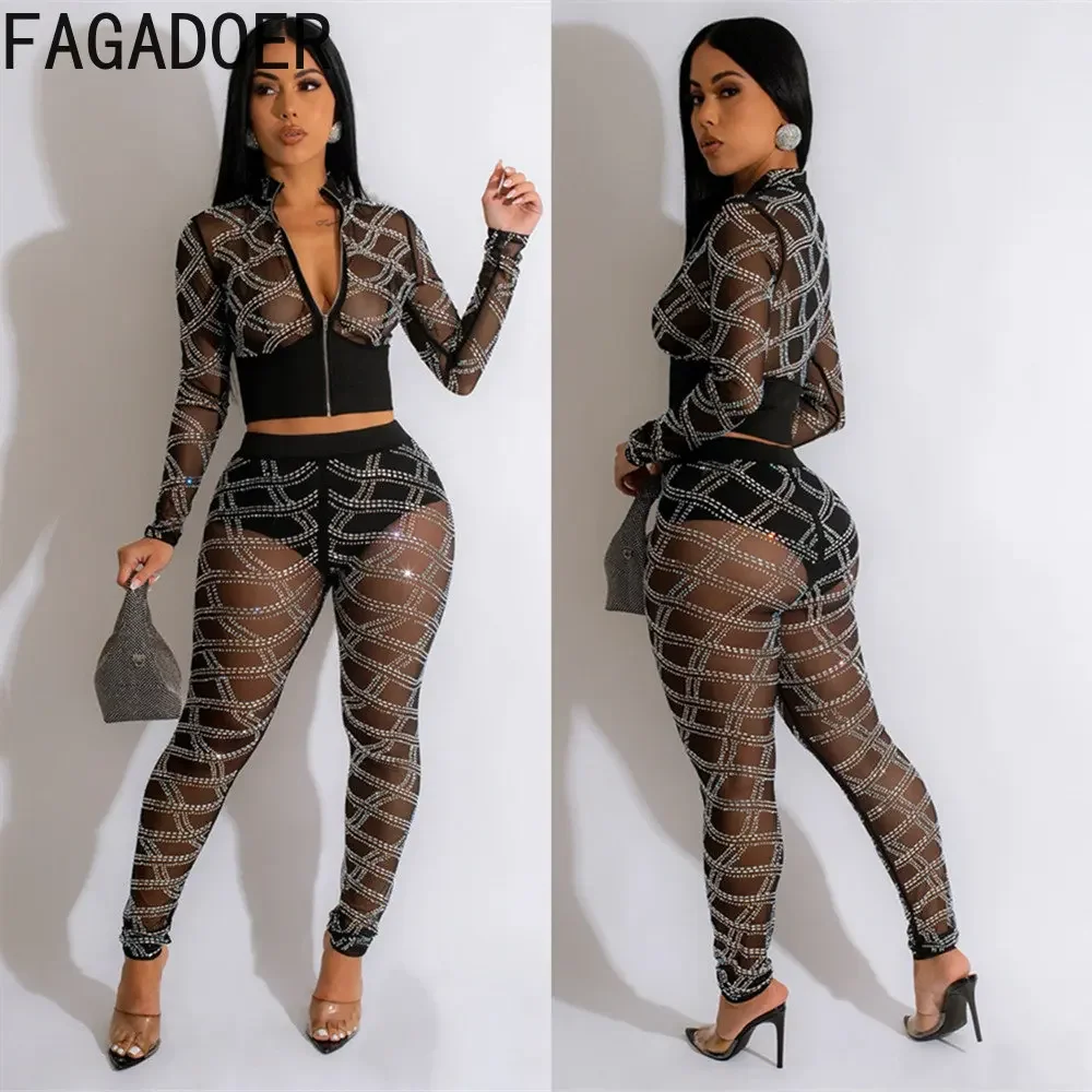 

FAGADOER Sexy Mesh Diamond Perspective Nightclub Outfits Women Zipper Long Sleeve Crop Top And Skinny Pants Two Piece Sets 2023