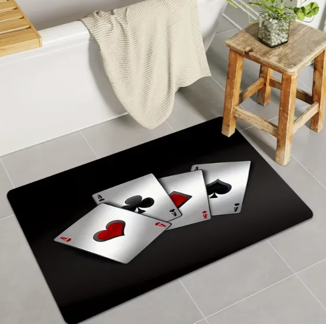 Poker Themed Floor Mat with Spades and Red Heart Black and Red Color Scheme Suitable for Poker Nights and Game Room Carpets