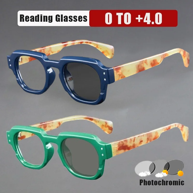 

Fashionable Square-Frame Photochromic Reading Glasses Unisex Trendy Variable Grey Presbyopia Glasses Plus Diopters Eyeglasses