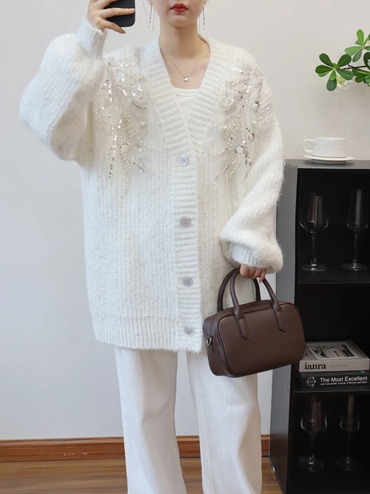Autumn Jacket Elegant V-Neck 3D Beaded Flower Design Sweater Women's Loose Long-Sleeved Knitted Cardigan Mid-Length Female Tops