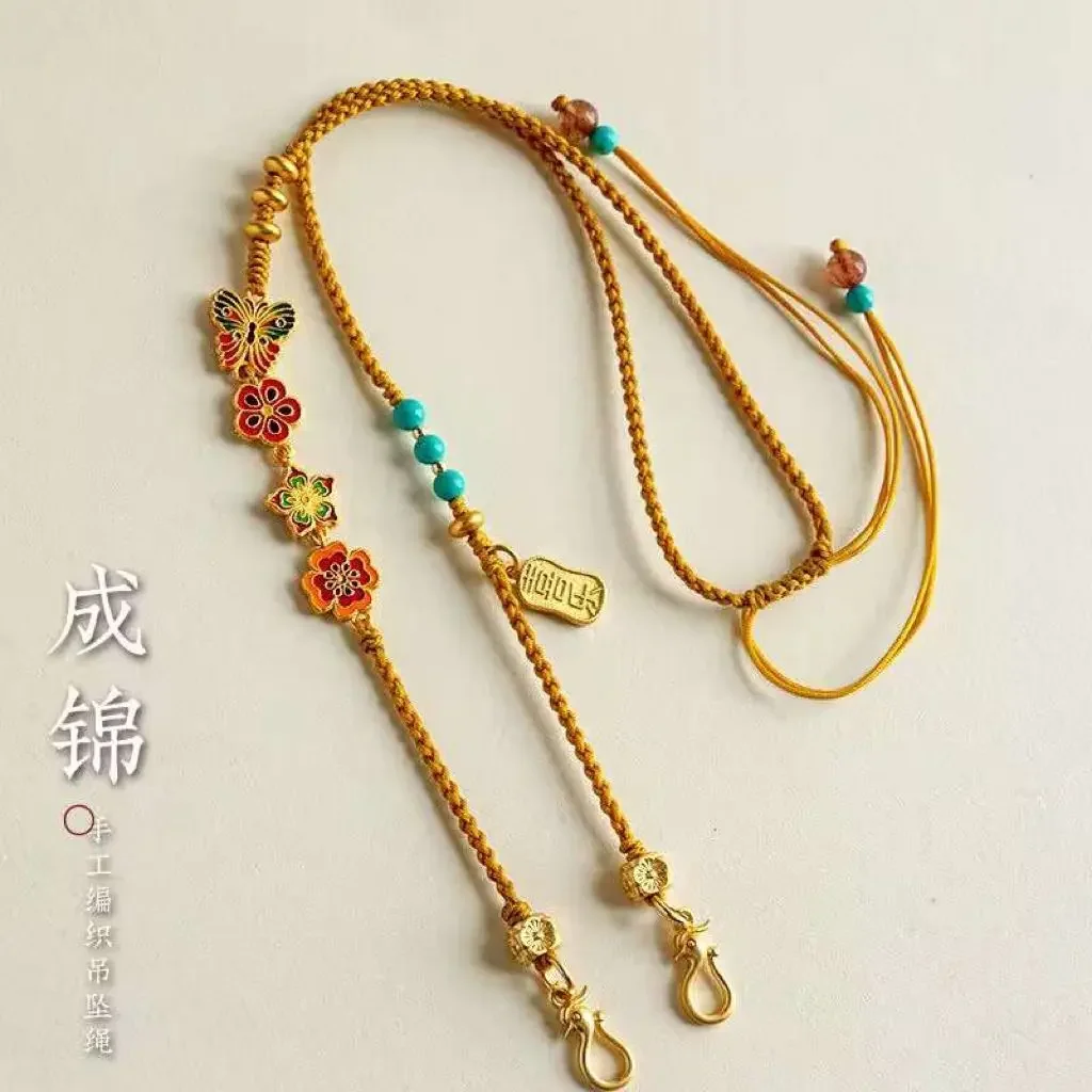 Handmade Braided Binaural Ruyi Lock Bag Lanyard Rope Necklace Men and Women Golden Buddha Head Clavicle Chain Rope Woolen Chain