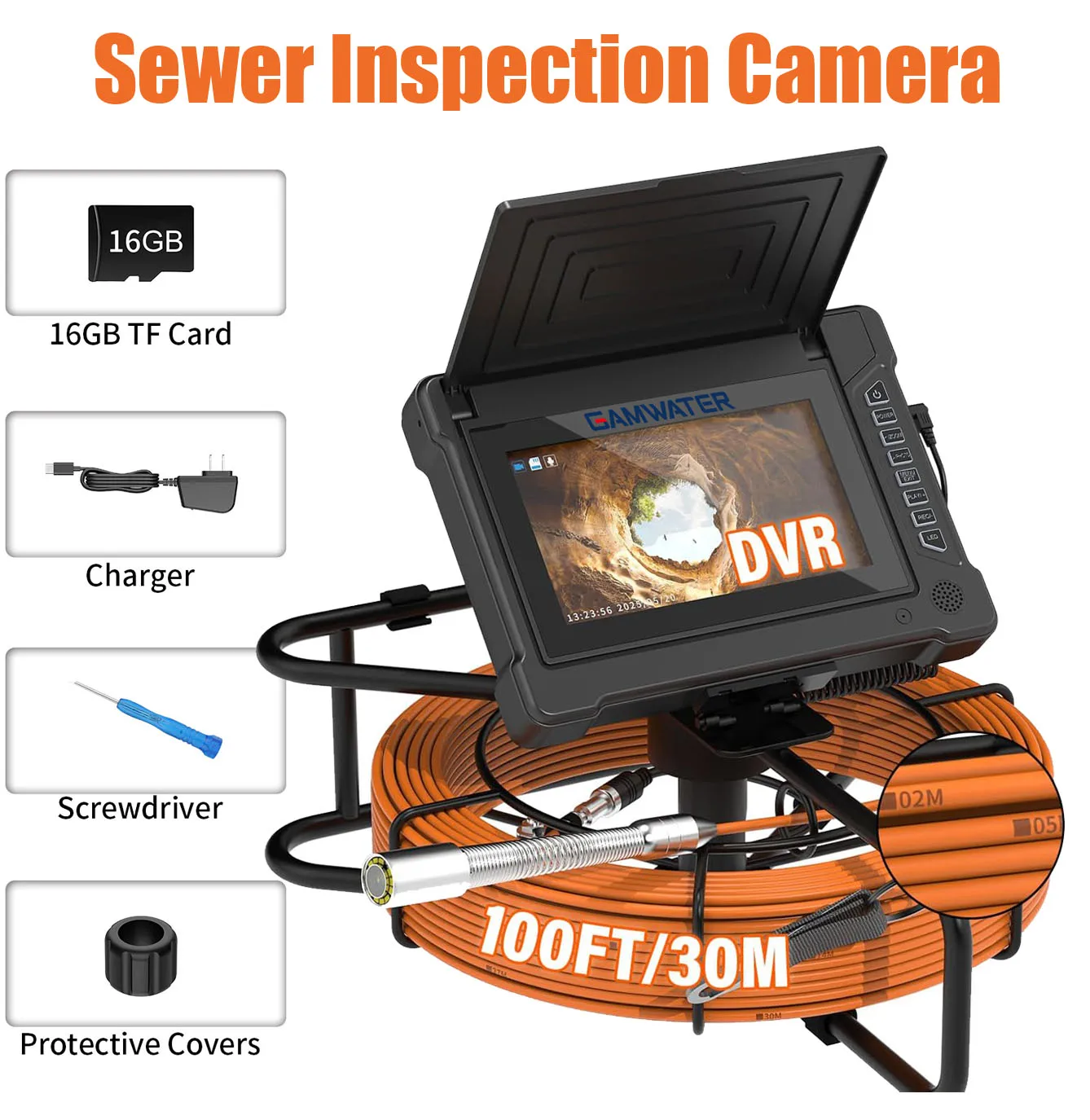 

Sewer Pipe Inspection Camera 18/23mm DVR 16GB Meter Counter, GAMWATER Drain Industrial Endoscope 2650mAH 20/30/50M 5MM Cable