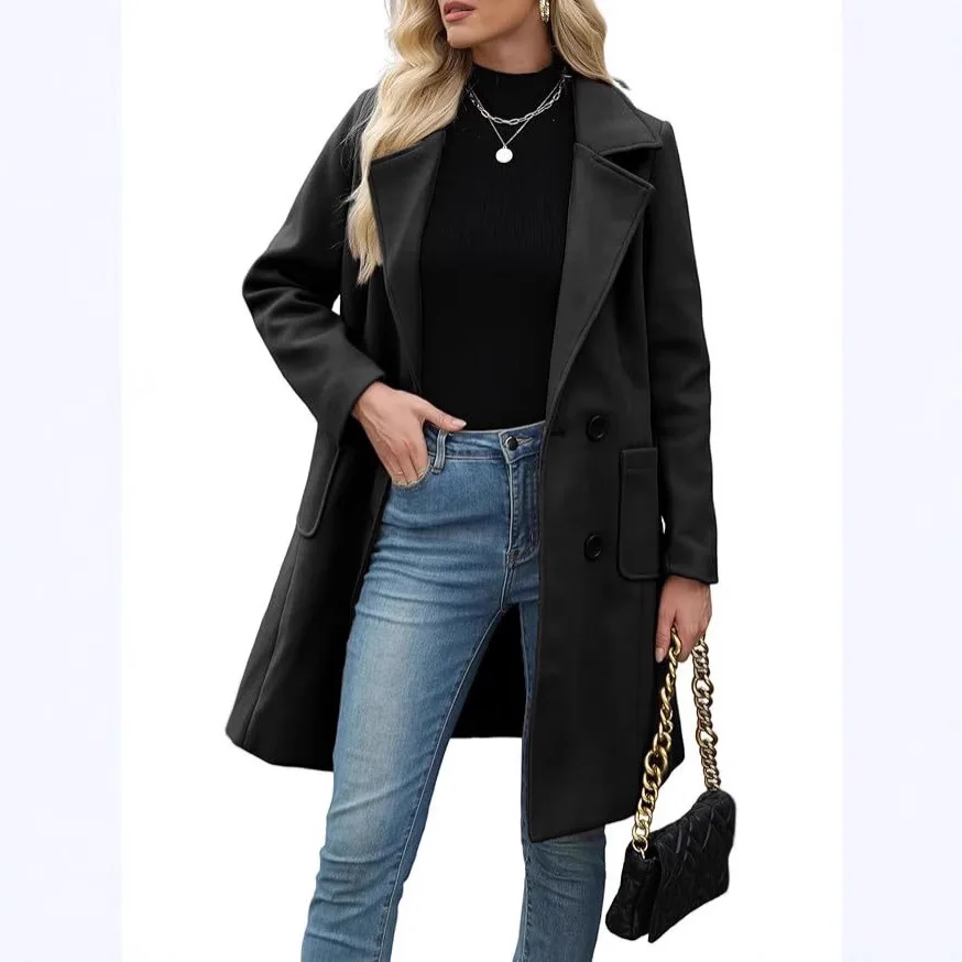

2025 Winter Women's Korean Style Double Breasted Coat Slim Fit Mid Long Trench Lapel Collar Elegant Outerwear