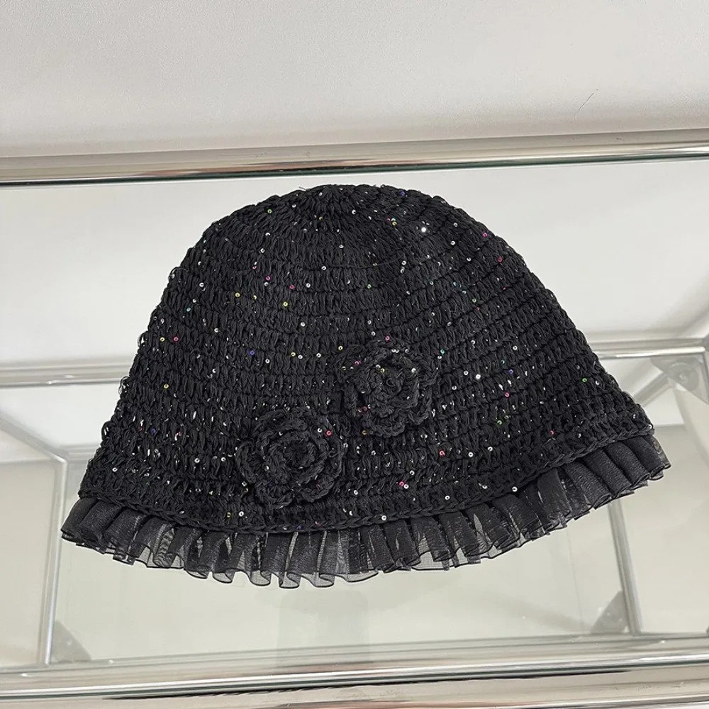 

Cute Handmade Crochet Flower Hat Glitter Bling bling Lace Beanies Hat Hollow Out Thin Sequin Knitted Hat Outdoor