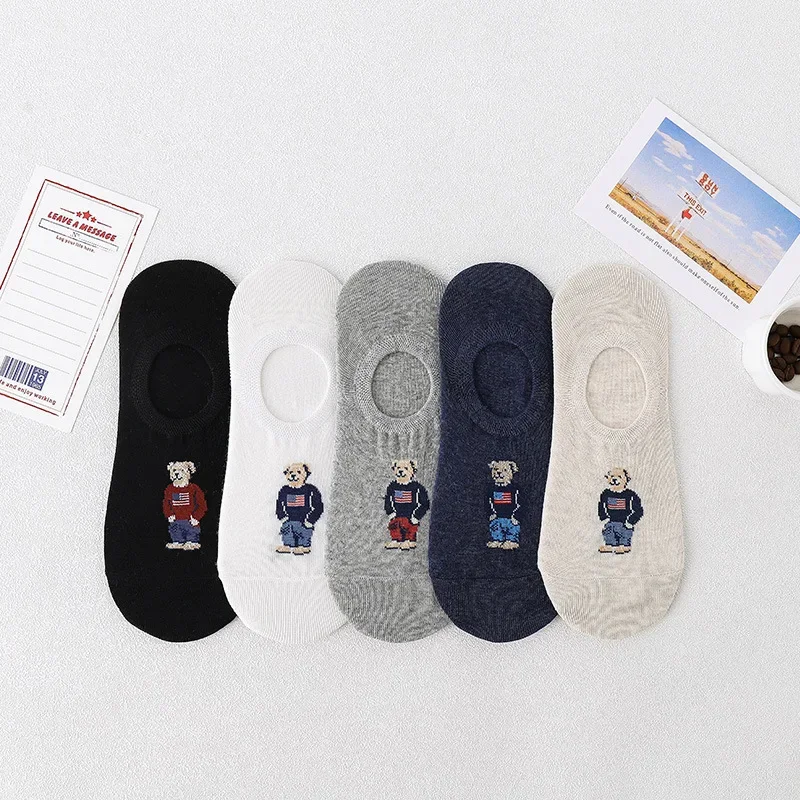 5pair/lot Fashion Men\'s Boat Socks Cartoon Bear Summer Autumn Non-slip Invisible Silicone Cotton Ankle Slippers Retro Stripe Men