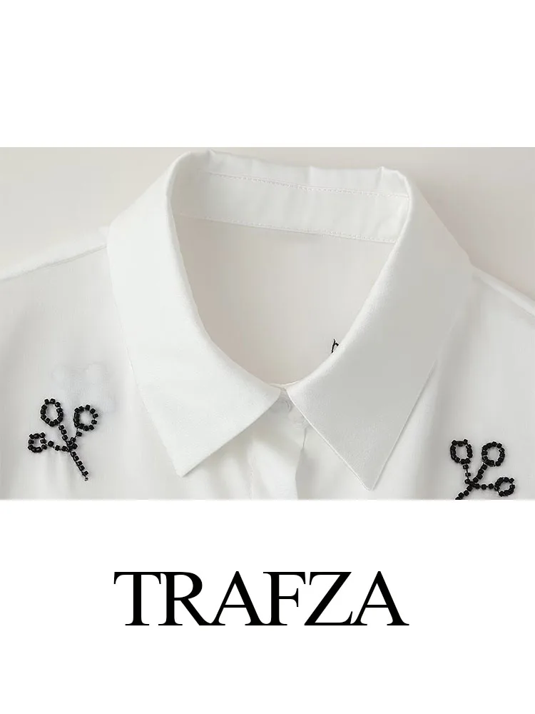 Trafza mulheres outono moda blusas branco turn-down colarinho bordado decorar arco rendas único breasted camisas casuais femininas