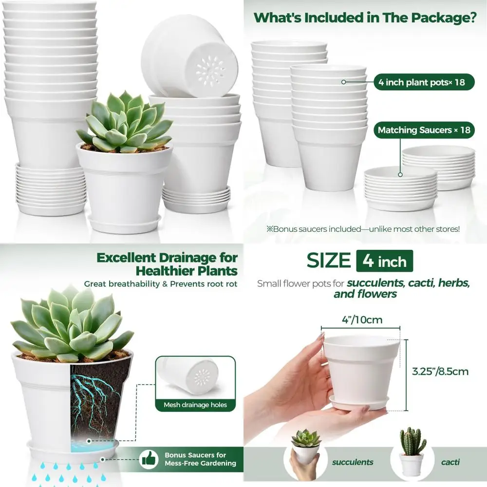 

T4U 4 Inch Plant Pots 18-Pack, Small Flower Pots with Saucer and Drainage Hole, Durable Plastic Pots, Nursery Small Flower Pot B