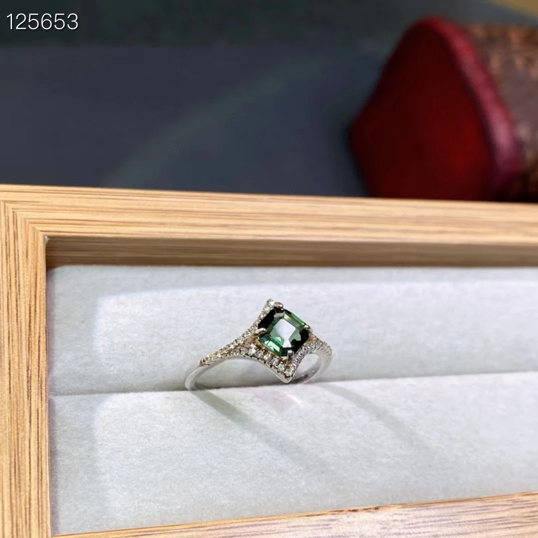 100% Natural Green Tourmaline Ring for Engagement 6mm 0.8ct Tourmaline Silver Ring with Gold Plated Birthday Gift for Woman