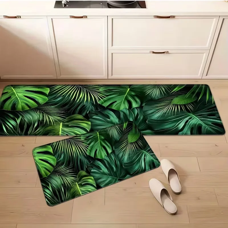 Grünes tropisches Blatt-Küchenmatten-Set, rutschfeste, saugfähige Teppiche für Komfort und Stil, Teppich, Decke, weich und bequem