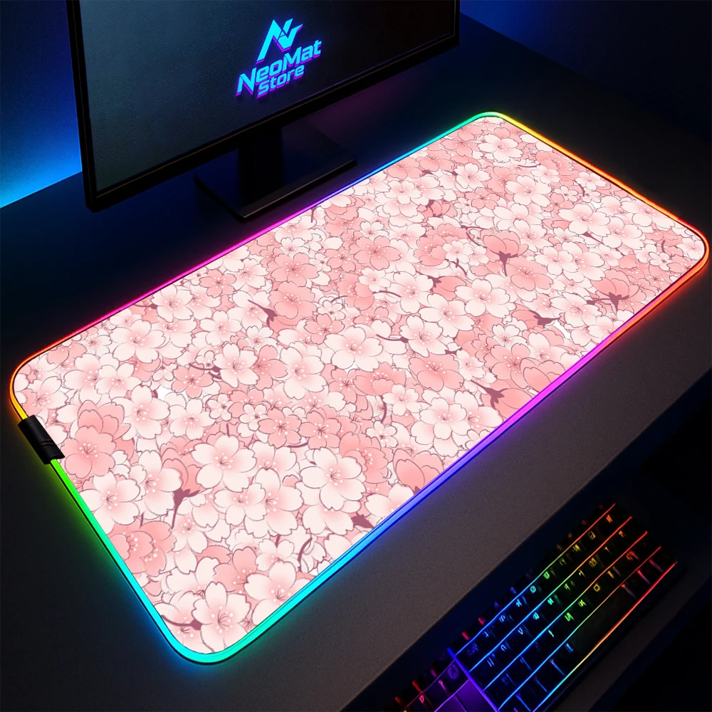 

Коврик для мыши RGB, розовый настольный коврик Sakura, светодиодные коврики для клавиатуры с подсветкой, светящийся коврик для клавиатуры Cherry Blossom, расширенный игровой коврик для мыши