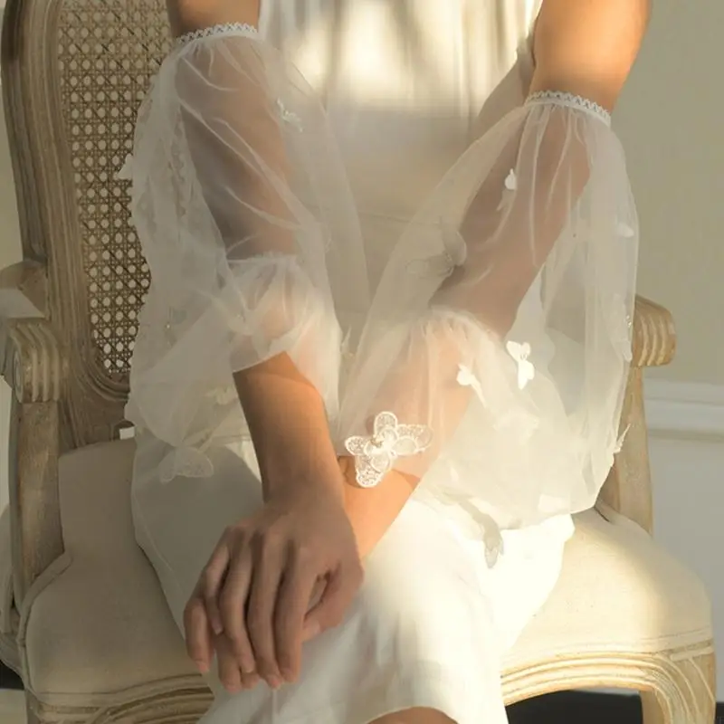 N7YF زخرفية الذراع المزخرفة الأصفاد الكاذبة الفراشة تول لثوب الأميرة الأكمام الزائفة أغطية الذراع الطويلة #1