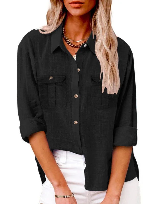 Ladies Casual Color Collar Shirt Patchwork Long Sleeve Top Comfortable Polyester Blend Regular Fit Daily Wear