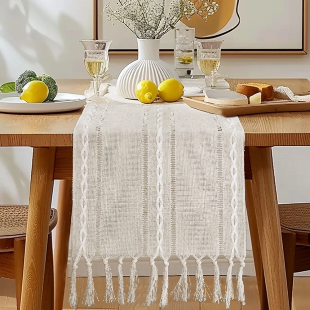 72 Inches Linen Table Runner Farmhouse Rustic Table Runners with Tassels for Dining Kitchen Coffee Party Dresser Decor Lvory