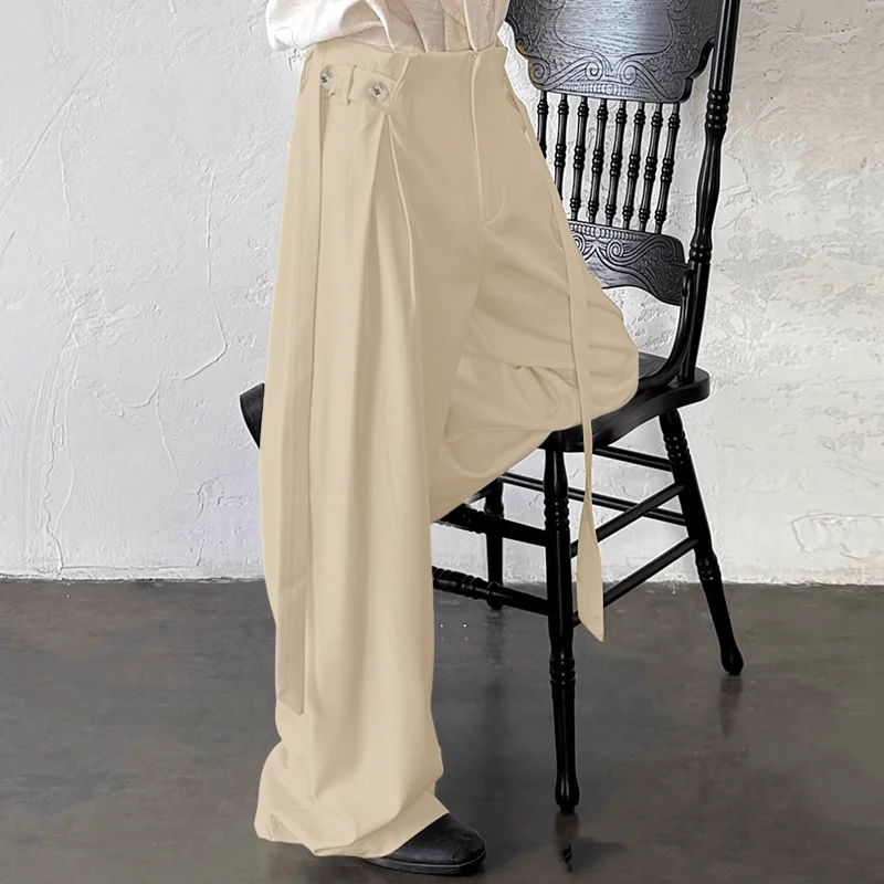 

INCERUN Men Pants Solid Color Button Joggers High Waist Casual Trousers Men Streetwear Loose Fashion Male Wide Leg Pants S-5XL