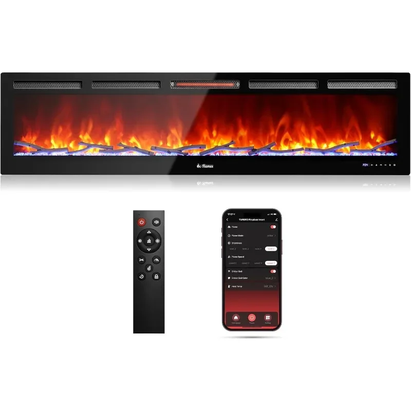 TURBRO 72” Smart WiFi Infrared Electric Fireplace with Sound Crackling and Realistic Flame, 1500W Quartz Heater