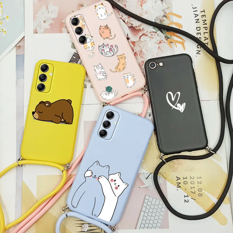 A13 Crossbody Necklace Strap Case For Samsung Galaxy A14 A24 A34 A54 A13 Lite A04S Case Thin Silicone TPU Cute Cat A 13 4G 5G