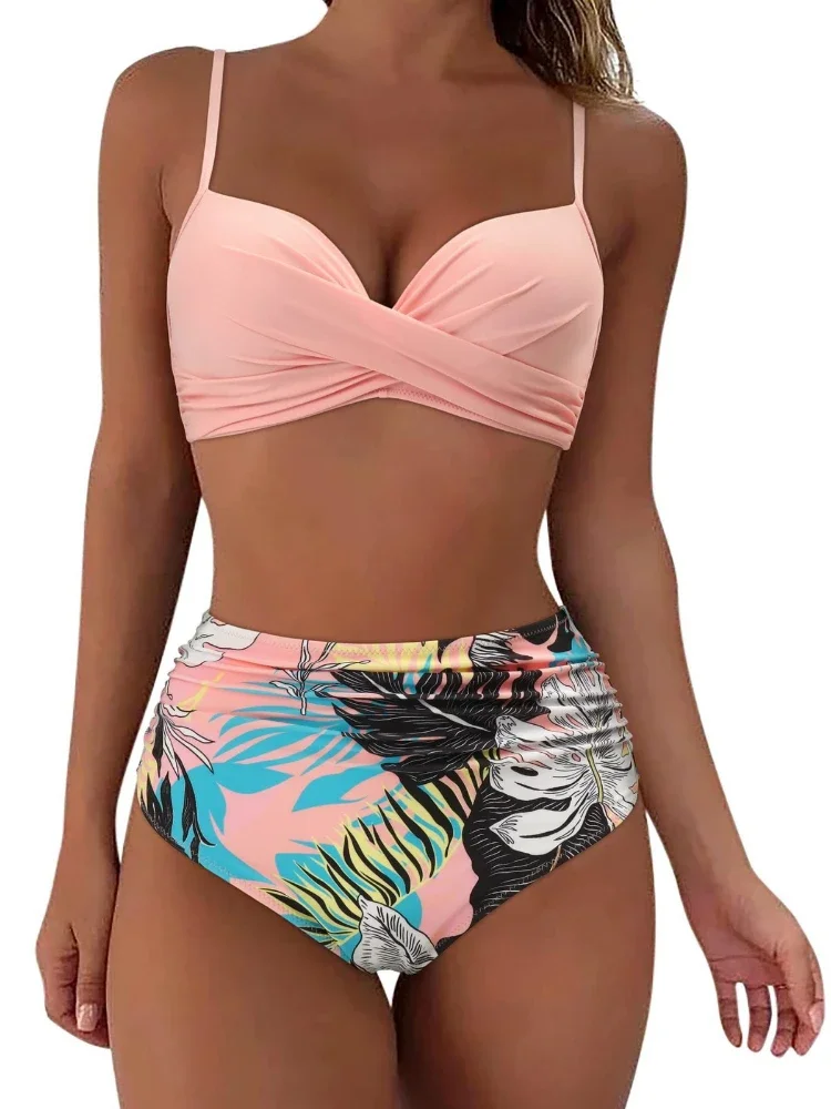 

2024 Women's Bikini Trend High Waist Sexy Fashion Push Up Two Piece Swimsuits Summer Tight Printed Solid Swimwears Beach Wear