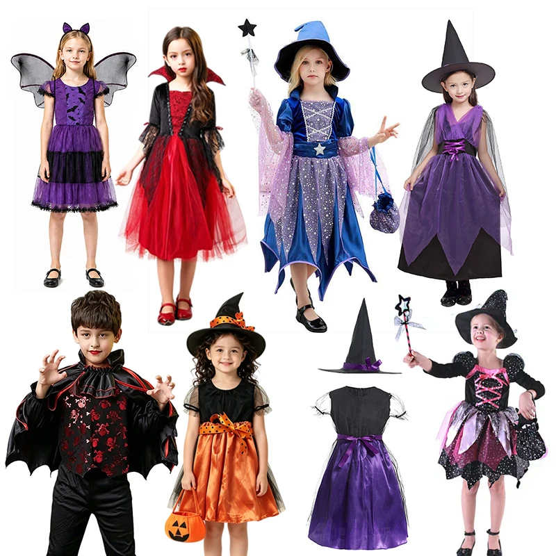 Kids Halloween Cosplay Costume Multiple Styles Witch Vampire Bat Fairy Pumpkin Outfit Boys Girls Holiday Party Fancy Dress