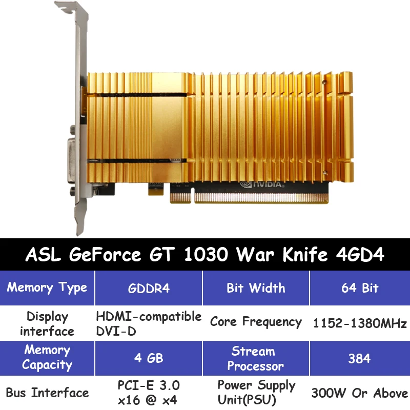 ASL Low Profile Slim Video Card Graphics Card NVIDIA GeForce GT 1030 4GB GDDR4 64Bit PCI-E 3.0 HDMI-compatible DVI For PC