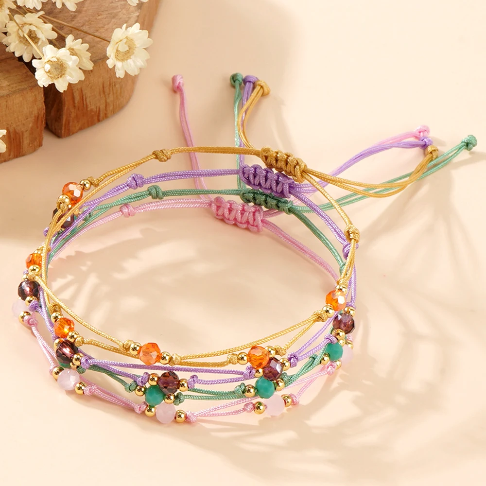 Adjustable Boho Double Layer Bracelet Handmade Braided Rope with Colorful Crystal Beads Stackable Fashion Jewelry for Women Gift