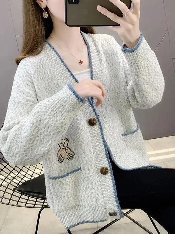 فضفاض V-Ne سترة مشغولة من الصوف المرأة ملابس خارجية لينة مريحة الخريف Sle عادية Faion سترة معطف المحملة خلات الألياف 00% #3