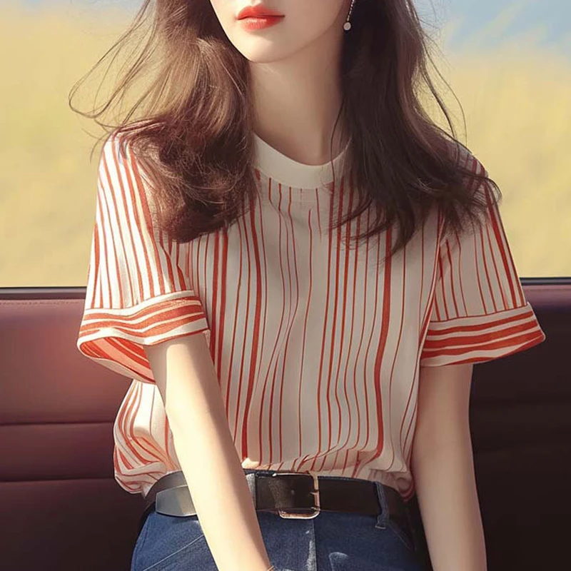 Chiffon Striped Women\'s Shirt Summer New Vintage Clothing Sales Loose Short Sleeves Korean Top O-neck Women Blouses