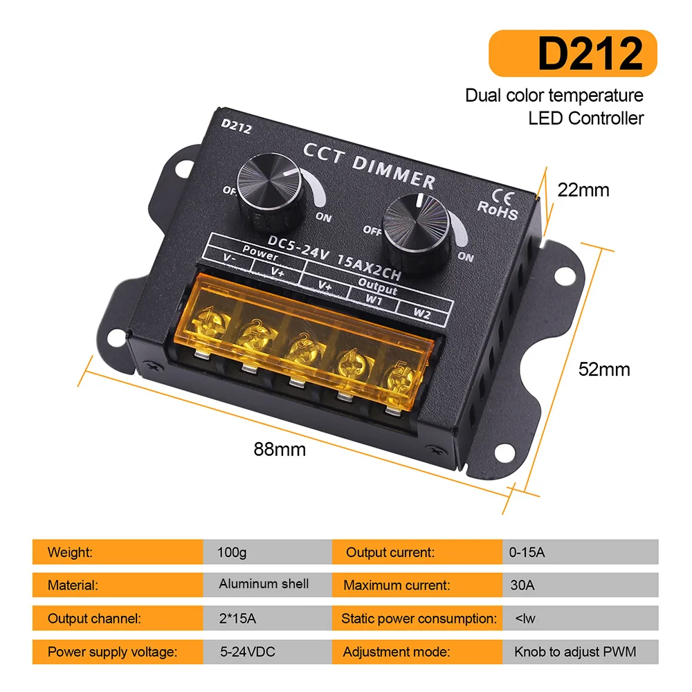 Led Dimmer Controller DC 5V 12V 24V CCT Adjust Brightness/Color Temp Dual Channel 15A PWM for COB/SMD LEDs Light Strip Decor