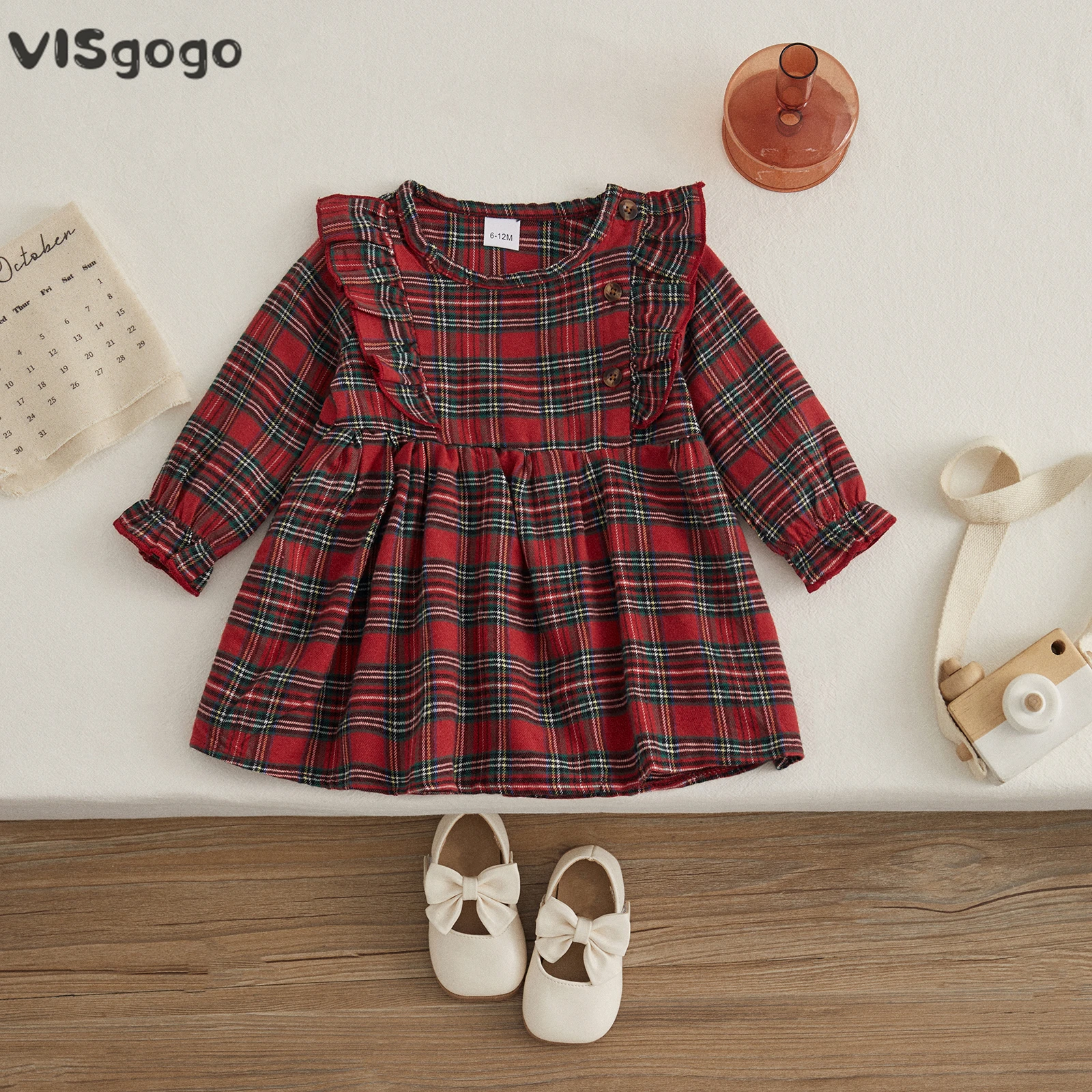 VISgogo Baby Girls Christmas Dress Autumn Casual A-line Dress Long Sleeve Crewneck Ruffle Decor Button Plaid Xmas Party Dress