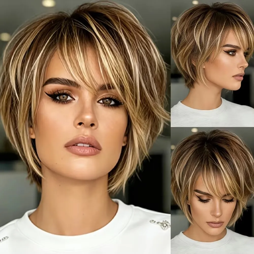 Layered Highlight Short Wig, Fluffy Bob with French Thin Bangs