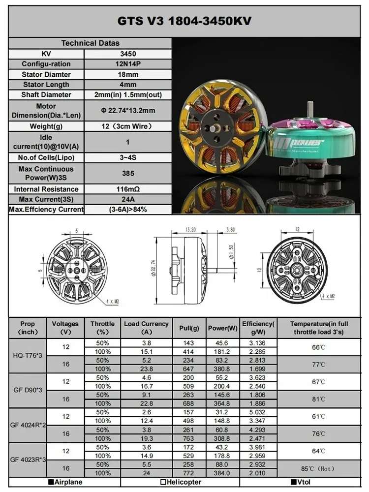 GTS v3 Brushless Motor 1804 Drone Flight Model Motor Traversing Machine Flower Flying